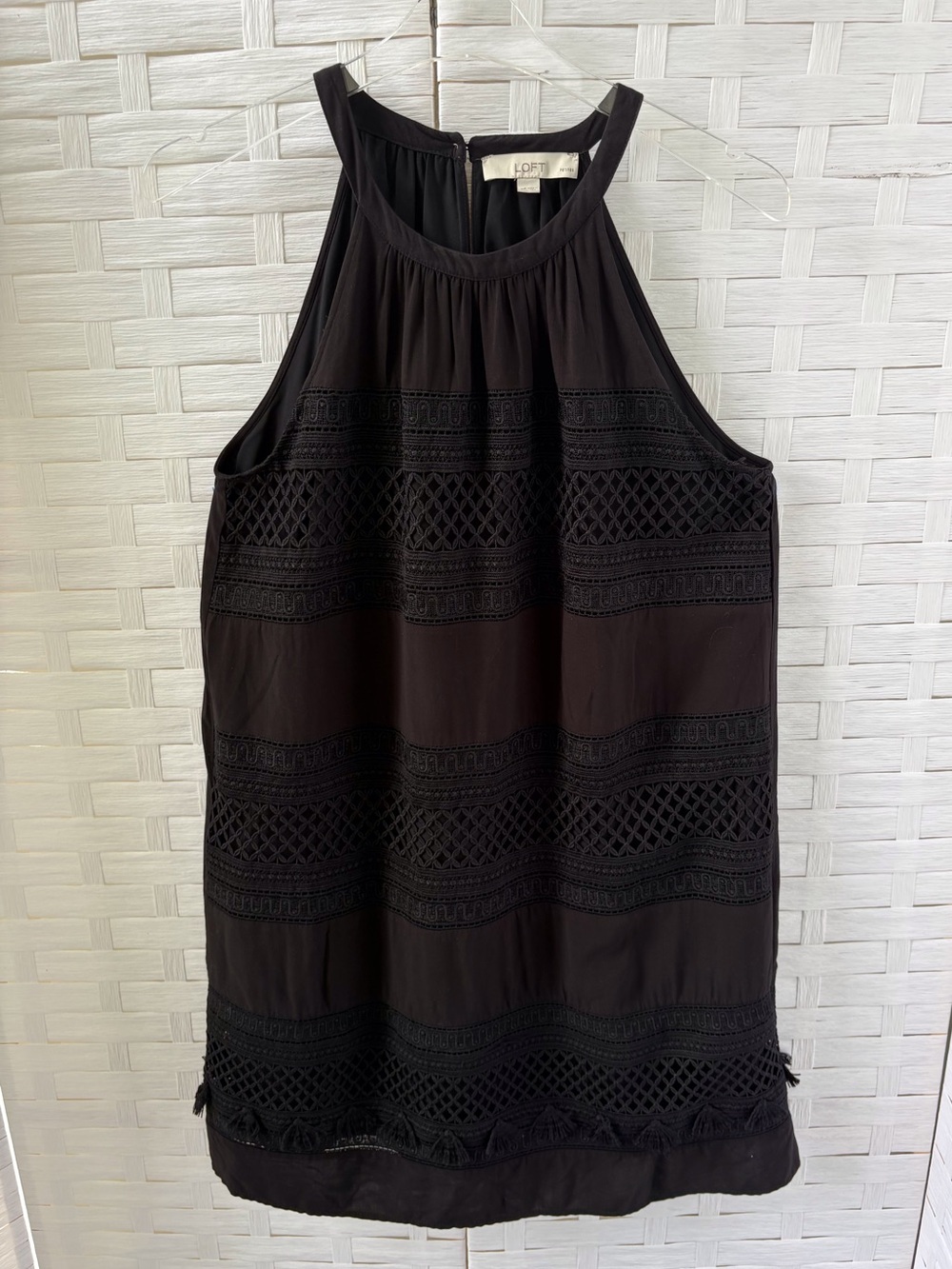 Loft MP Black Halter Dress Lined Sheer Crochet Panels Tassels Keyhole Back Beach
